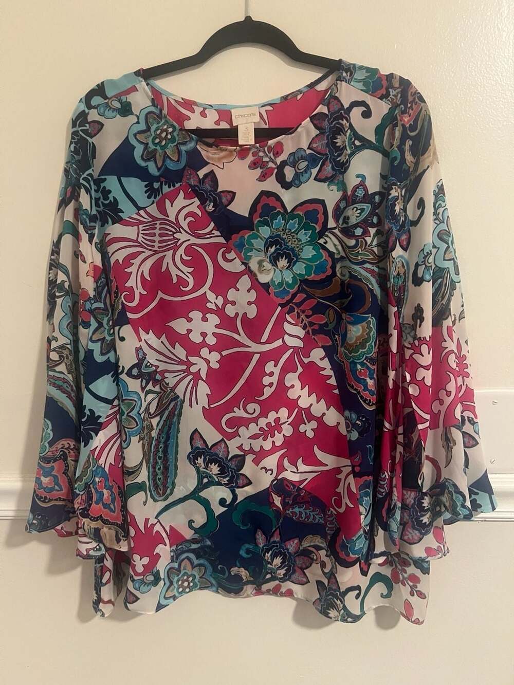 Chico's Floral Paisley Patchwork Bell Sleeve Blouse Size 3
